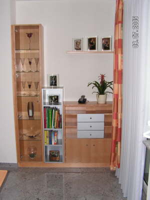 Einbauregal mit Vitrinenschrank in Ahorn